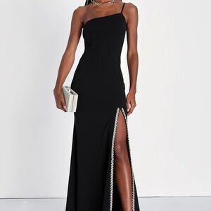 Black Rhinestone One-Shoulder Maxi Dress - Lulus